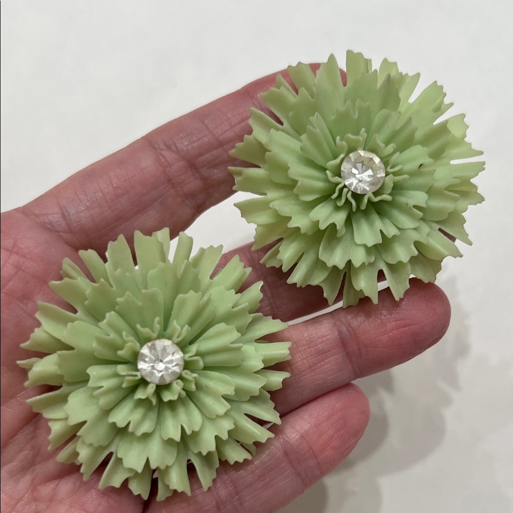 Vintage Celluloid Pair Of Cluster Clip On Earrings Rhinestones Deadstock
